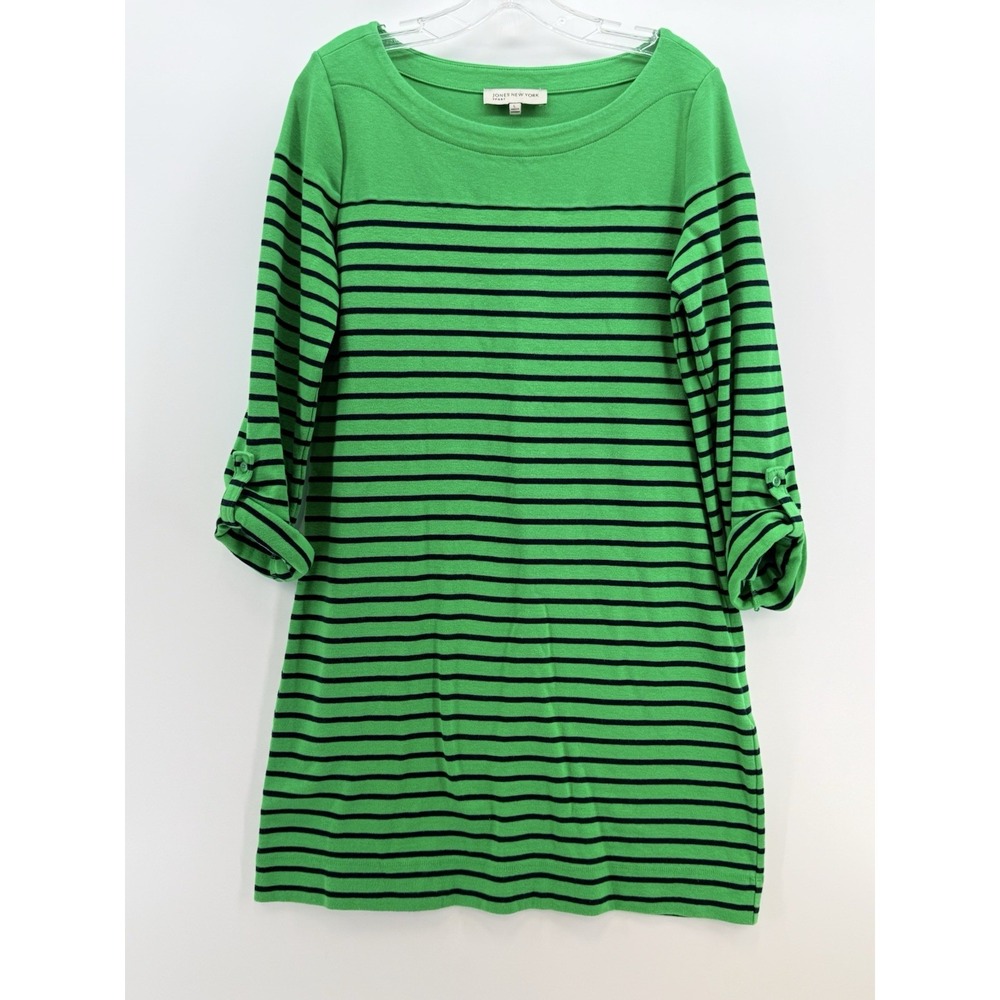 Jones New York Kelly Green with Navy Stripes Tab Sleeves Sport Dress Women's L